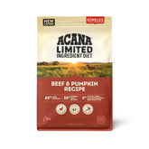ACANA Singles Beef & Pumpkin dry dog food bag highlights high-protein nutrition for active dogs.