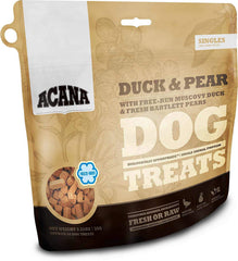 ACANA Singles Duck & Pear Freeze-Dried Dog Treats, a protein-rich grain-free reward ideal for training.