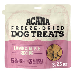 ACANA Singles Lamb & Apple Freeze-Dried Dog Treats bag displaying a simple, high-protein reward ideal for training