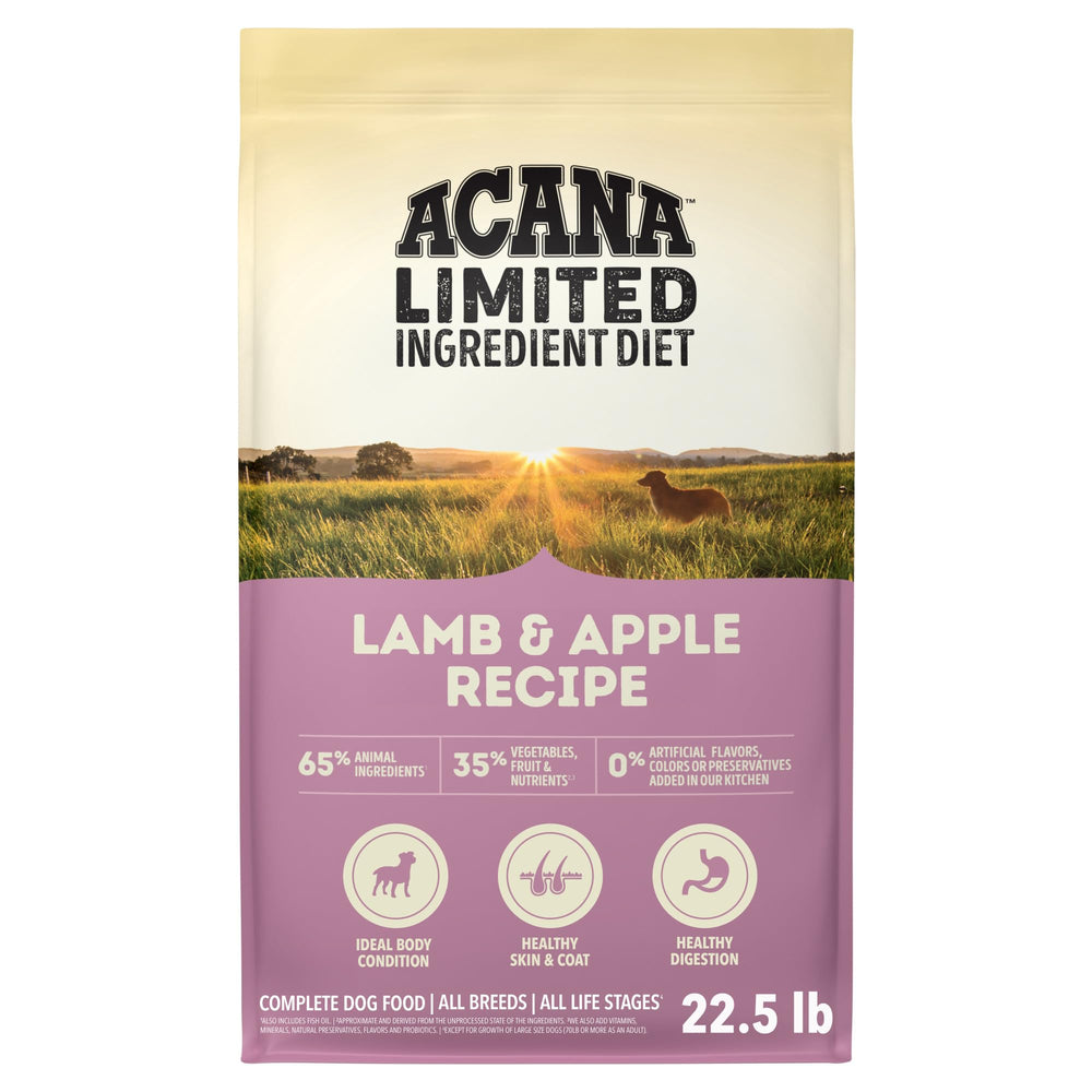 ACANA Singles Lamb & Apple dry dog food bag with grain-free, high-protein nutrition for sensitive dogs