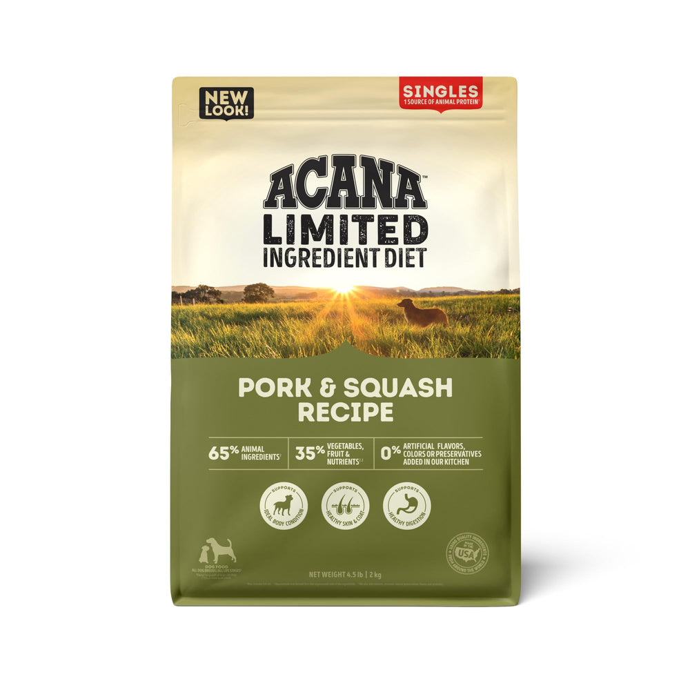 ACANA Singles Pork & Squash front label shows grain free, high protein dog food