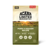 ACANA Singles Pork & Squash front label shows grain free, high protein dog food