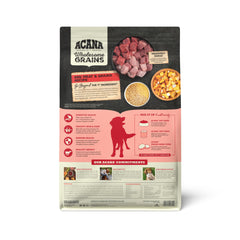 ACANA Red Meat and Grains beef-pork-lamb kibble with grain blend aids digestion.