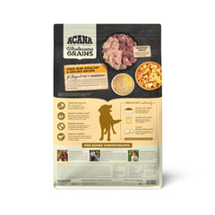 ACANA Wholesome Grains kibble close-up reveals texture and protein-rich bites.