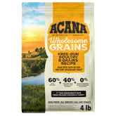 ACANA Wholesome Grains bag front highlights premium ingredients for balanced meals.
