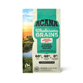 ACANA Wholesome Grains Lamb & Pumpkin bag view highlighting all-life-stages nutrition.