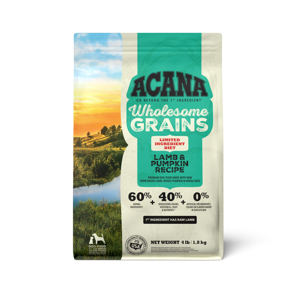 ACANA Wholesome Grains Lamb & Pumpkin bag showcases single-animal protein nutrition.