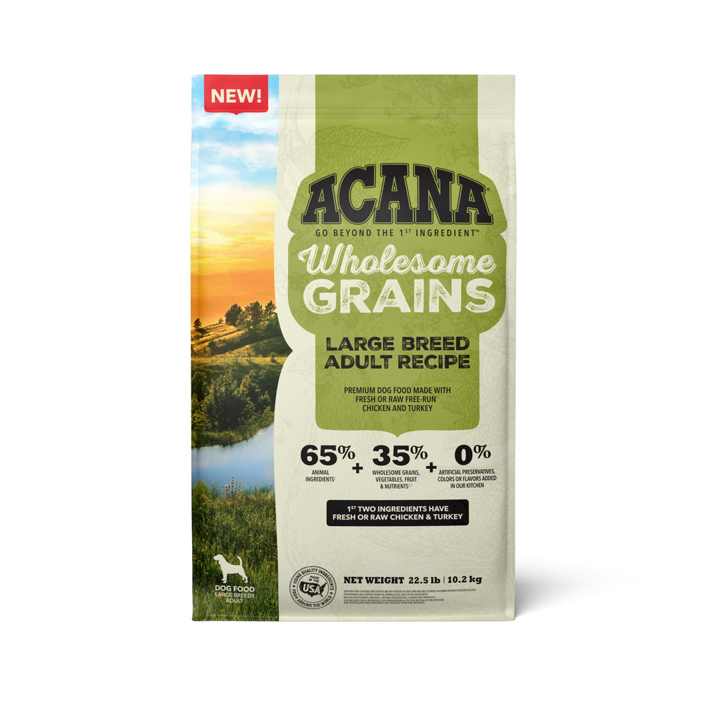 ACANA Wholesome Grains Large Breed bag 22.5 lb indicating protein-forward recipe