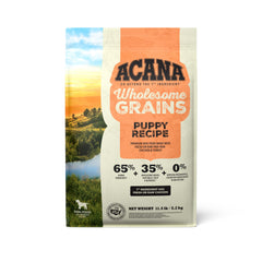 ACANA Wholesome Grains Puppy bag 11.5lb front view highlights premium ingredients for healthy growth.