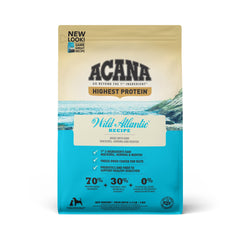 ACANA Wild Atlantic Recipe dry dog food bag showing high-protein nutrition.