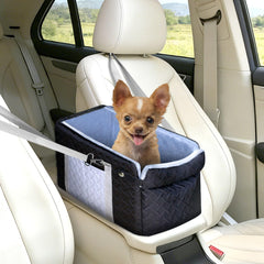 ACMEME dog car seat center-console view showing secure fit for small pets