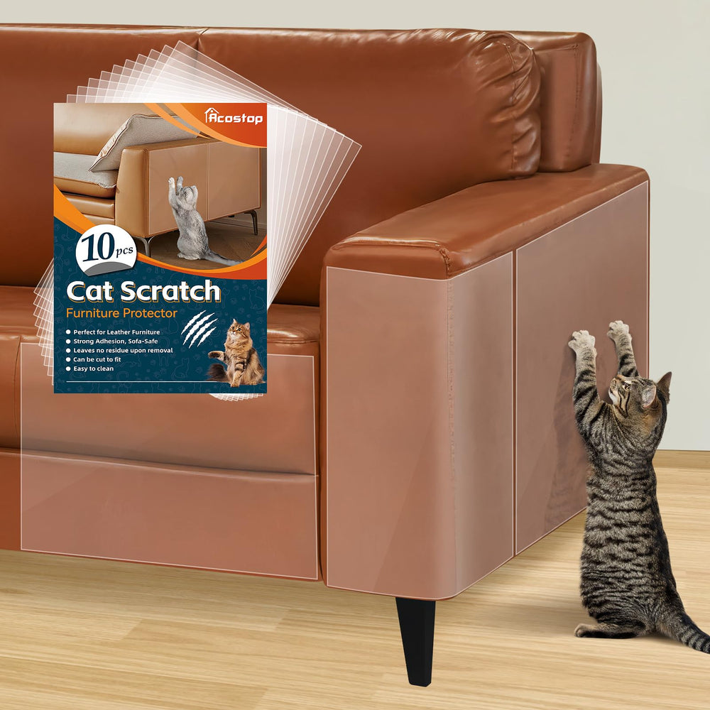 Acostop cat scratch protector with adhesive back on leather furniture, showing leather-friendly protection.