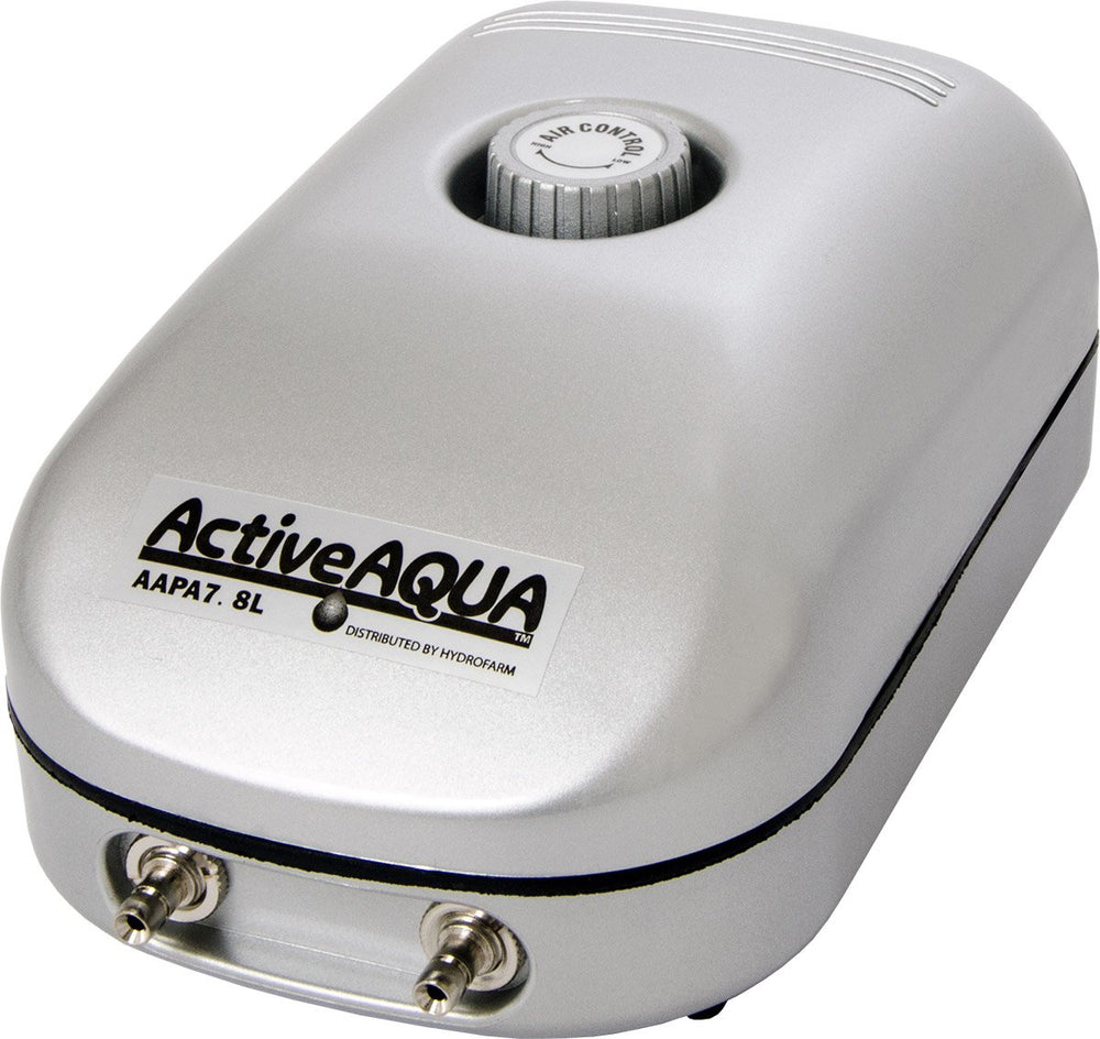 ACTIVEAQUA AAPA7-8L air pump, side view, two outlets for versatile aquarium aeration.