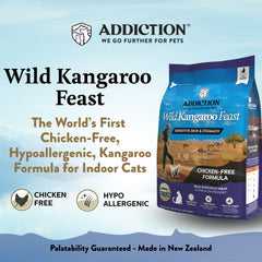 Addiction Wild Kangaroo Feast kibble visual emphasizes novel kangaroo protein for easier digestion