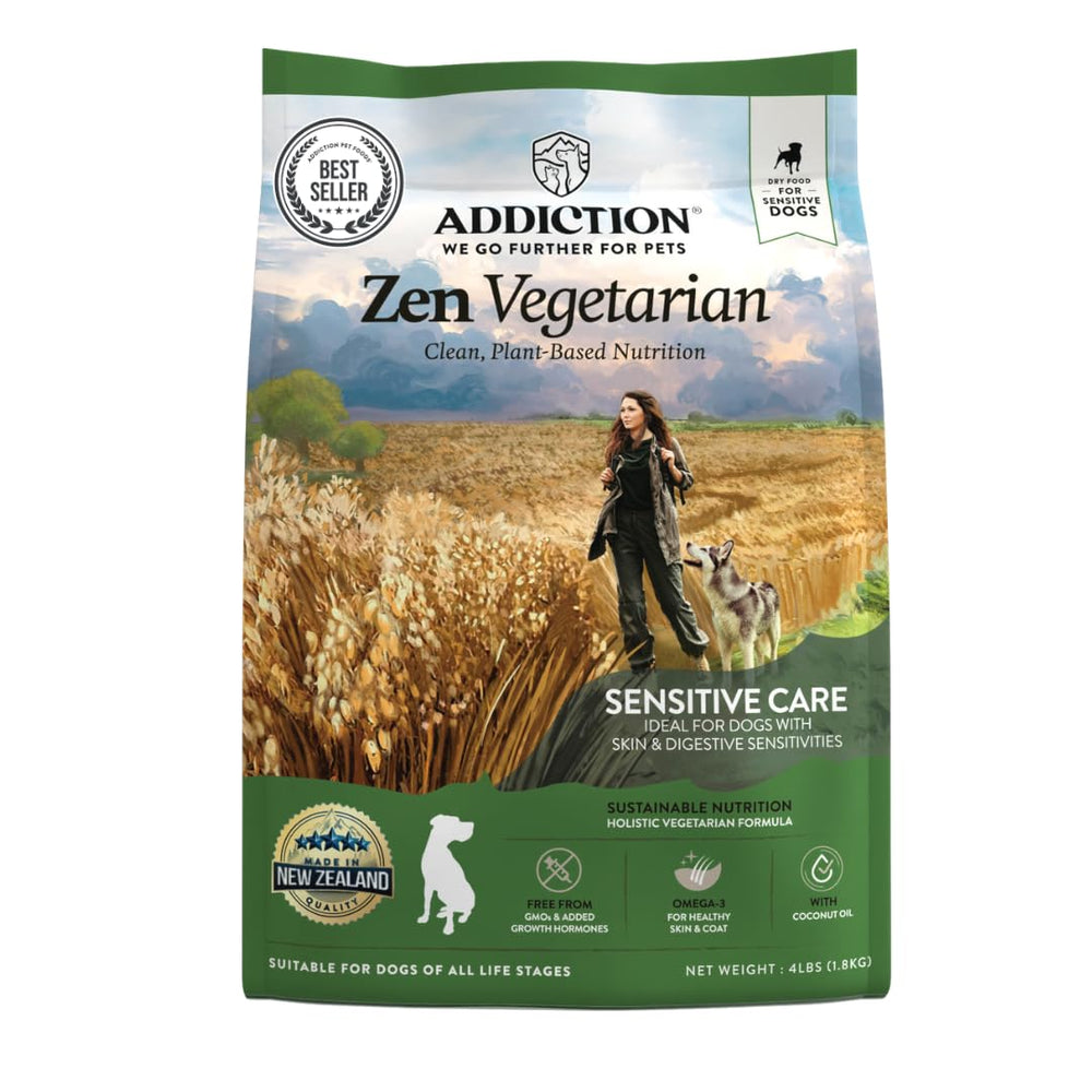 Addiction Zen Vegetarian dry dog food bag packaging showing plant-based formulation for sensitive dogs.