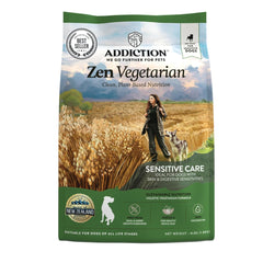 Addiction Zen Vegetarian dry dog food bag packaging showing plant-based formulation for sensitive dogs.