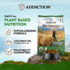 Addiction Zen Vegetarian dry dog food bowl ready to serve.