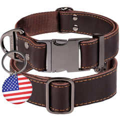 ADITYNA leather dog collar with metal buckle for heavy-duty use and adjustable fit during walks.