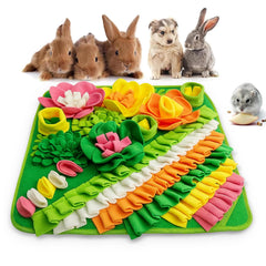 Adpartner Rabbit Foraging Mat in green meadow design helps playful rabbits discover treats.