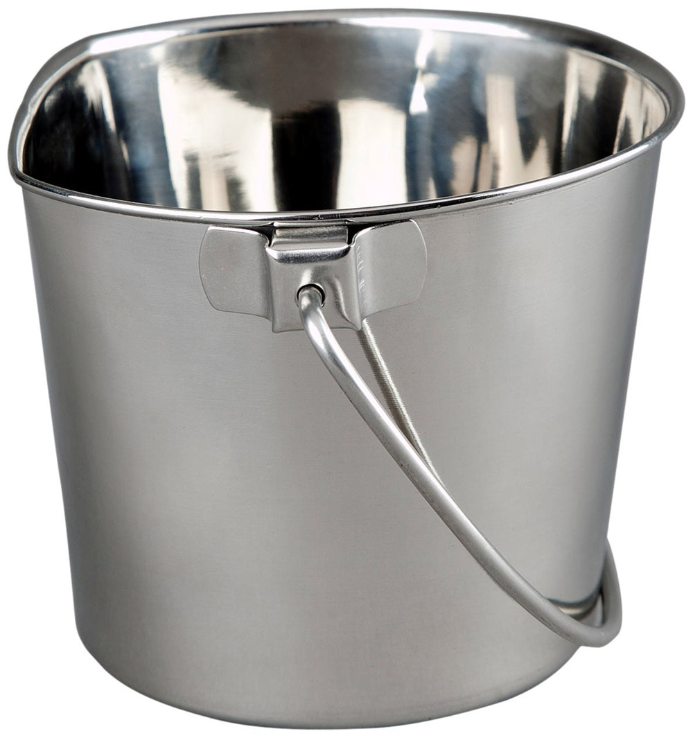 Advance Pet Products flat-side bucket hanging on crate to minimize spills during feeding