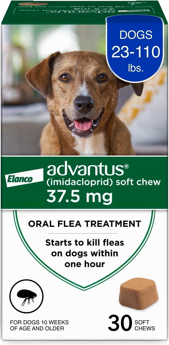 Advantus dog flea soft chews 30-count bottle, fast-acting relief for fleas.
