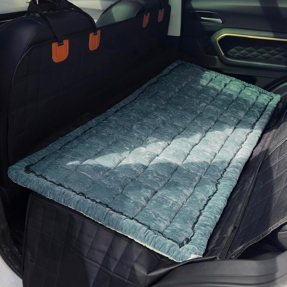 AEEISHOMEREFORM backseat pet bed in blue provides cozy protection for car seats.