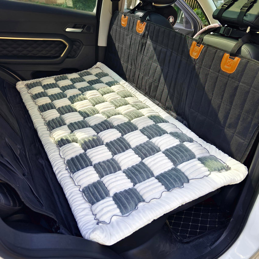 AEEISHOMEREFORM backseat pet bed in blue-grey offers plush comfort and seat protection.