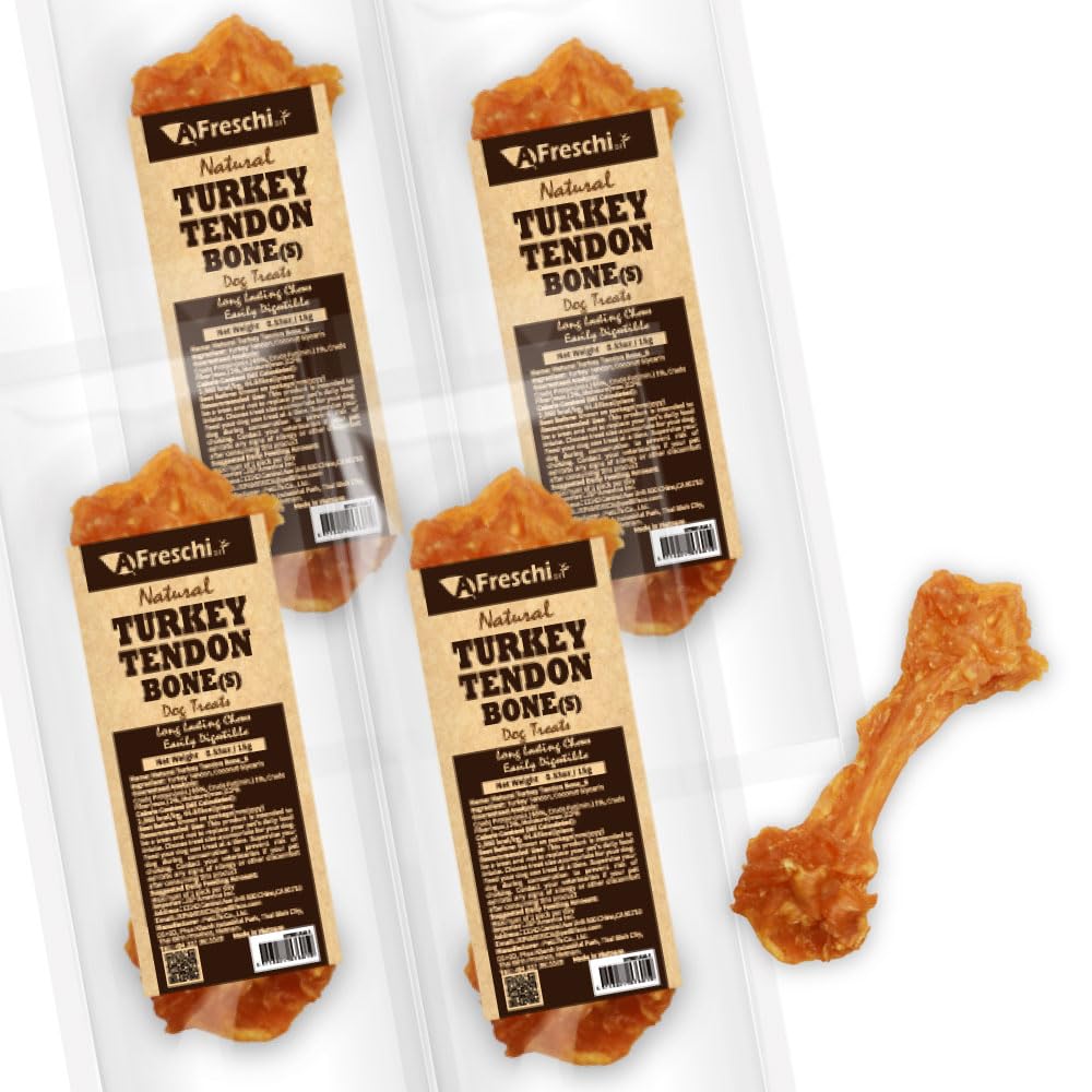 A Freschi srl Turkey Tendons pack front highlights USA-sourced ingredients for healthy chewing.