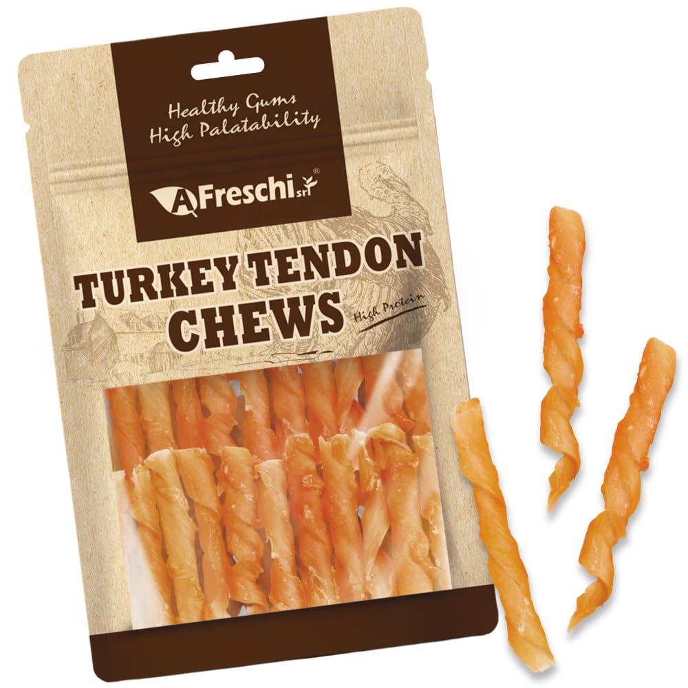 A Freschi srl turkey tendons coil-s chewing image showing a long-lasting dog reward.