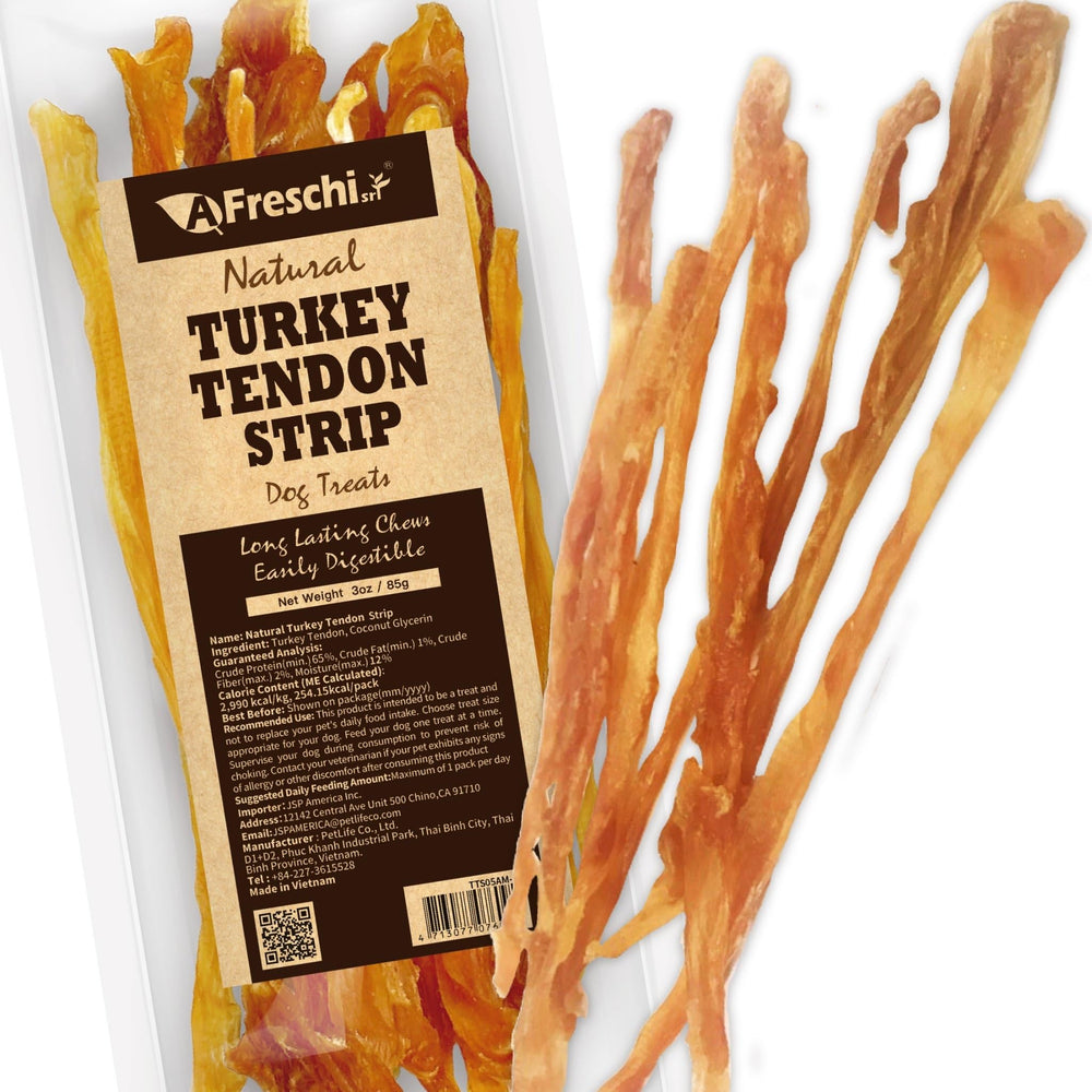 A Freschi turkey tendon dog chew, long-lasting flavor for moderate chewers.