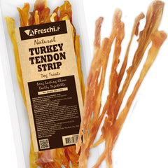 A Freschi turkey tendon dog chew, long-lasting flavor for moderate chewers.