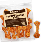 A Freschi turkey tendons dog treats pack shot, long-lasting chew for small breeds.