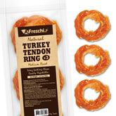 A Freschi USA-sourced turkey tendons pack ready for medium dogs' daily chew.