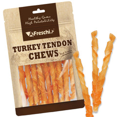 A Freschi Turkey Tendons bag close-up, resealable packaging for easy on-the-go treats.