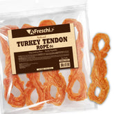 A Freschi turkey tendons packaging showing USA-sourced chews for durable chewing sessions.