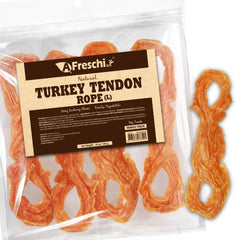 A Freschi turkey tendons packaging showing USA-sourced chews for durable chewing sessions.
