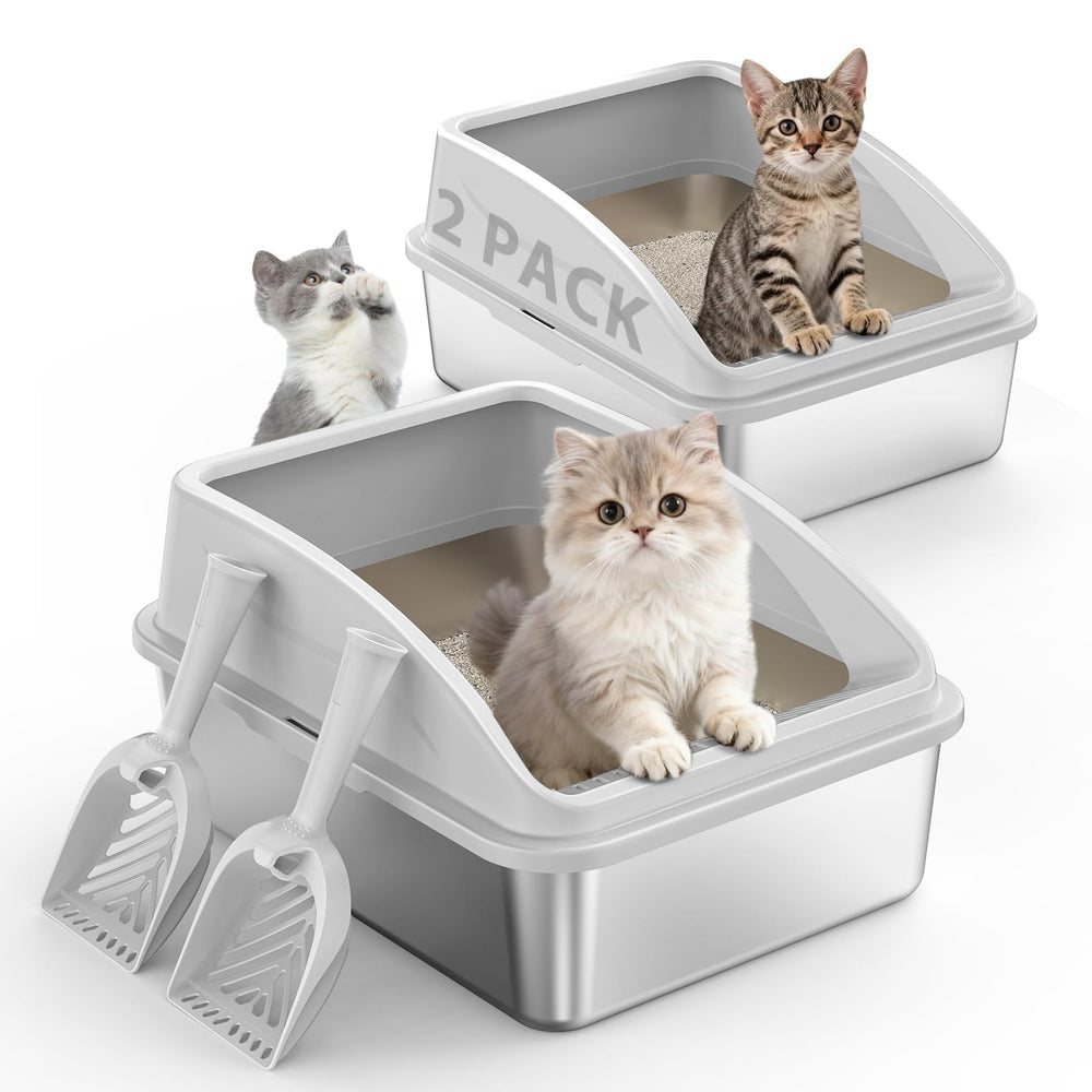 AIPERRO 2-pack with lid: durable stainless steel litter boxes for mess-free homes.