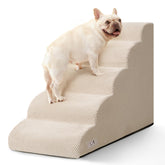 Airpanda 5-step dog stairs assembled on bed for easy, safe access.
