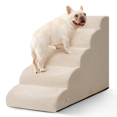 Airpanda 5-step dog stairs assembled on bed for easy, safe access.