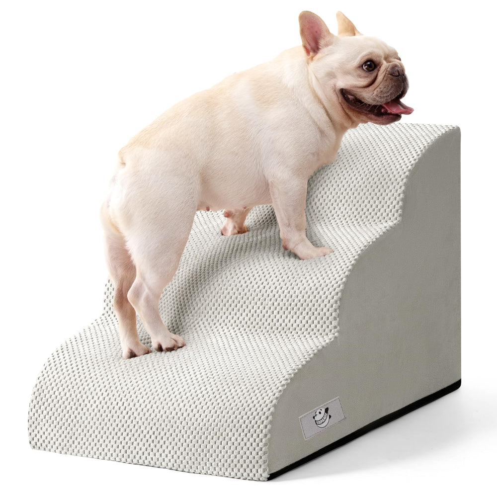 Airpanda 3-step dog stairs on couch promote stable climbing.