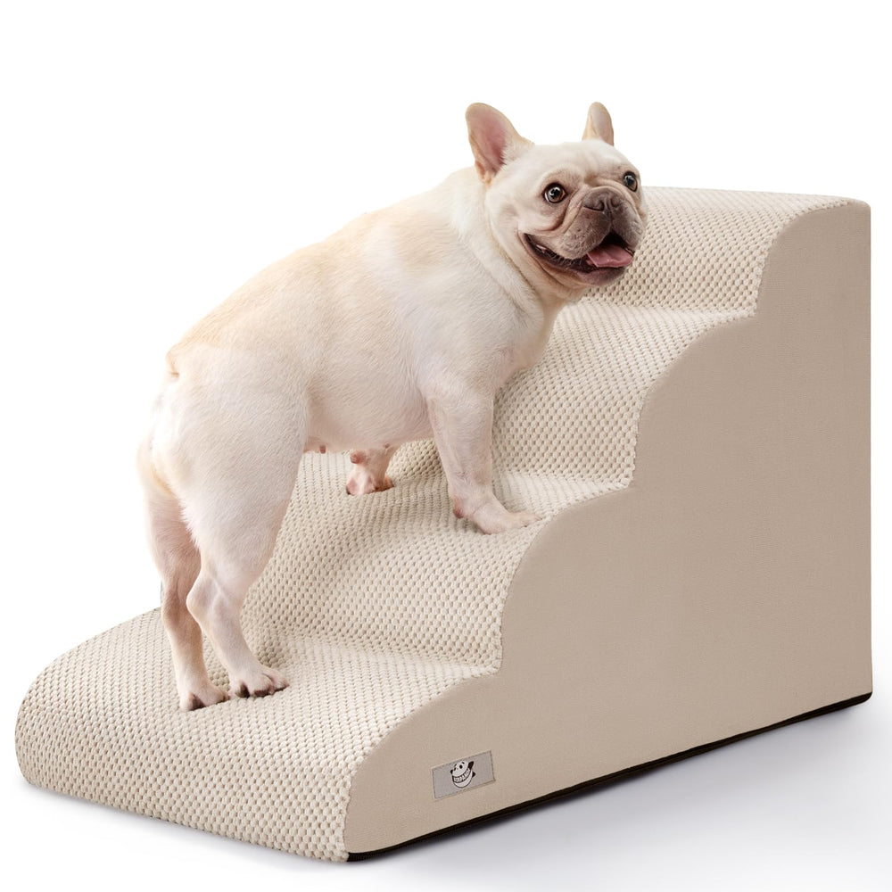 Airpanda dog steps on bed in beige help small dogs climb safely onto beds.