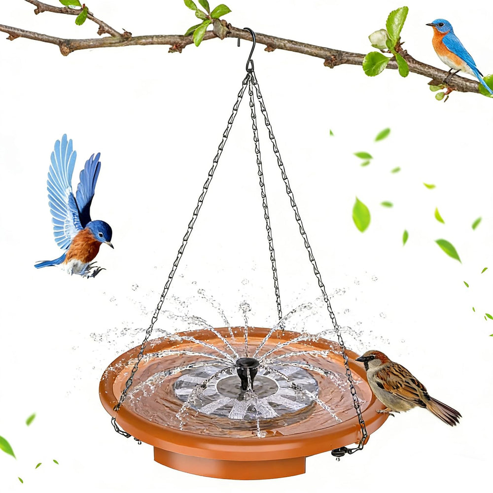 AISITIN 15-inch hanging bird bath with solar fountain inviting birds to bathe.