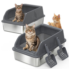 AKAOLA 2-pack XL stainless steel litter boxes shown from front view for big cats
