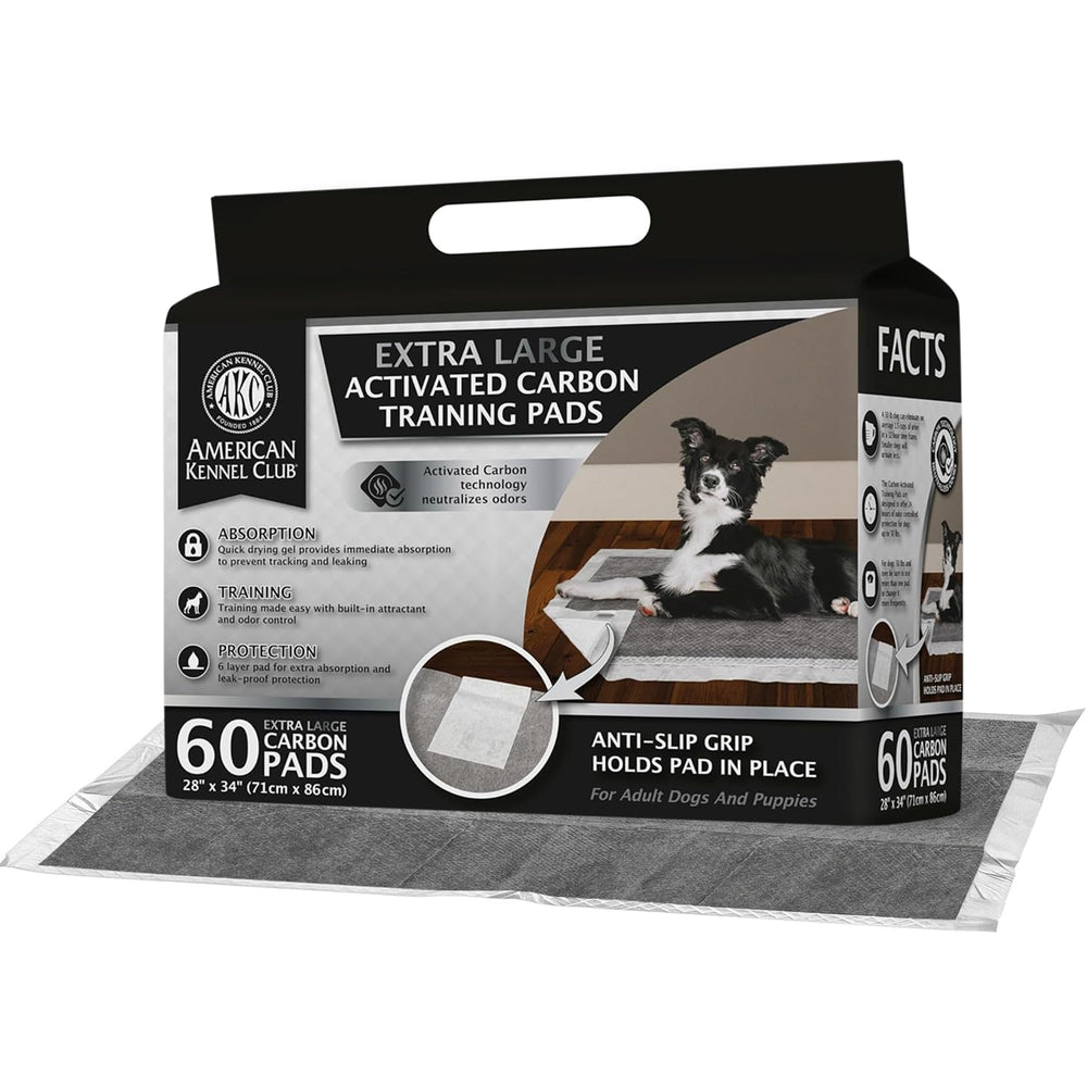 AKC charcoal puppy training pad shows leak-proof top layer and six-layer design.