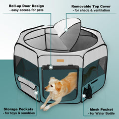 Akinerri pet playpen, 8-panel ventilated mesh for comfortable viewing.
