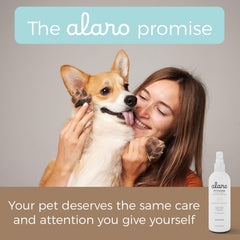 Alaro Dog Cologne Spray action being applied to a pet's coat for quick refresh.