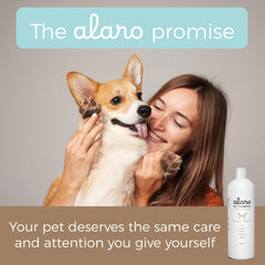 Pouring Alaro Dog Shampoo into hand for easy use