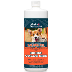 Alaska Naturals salmon oil bottle pouring to support a healthy coat.