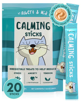 Albert & Mia lickable cat calming treats pack shown for on-the-go calm.