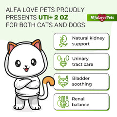 Alfa Love Pets dog UTI treatment bottle promoting balanced urination and kidney comfort.